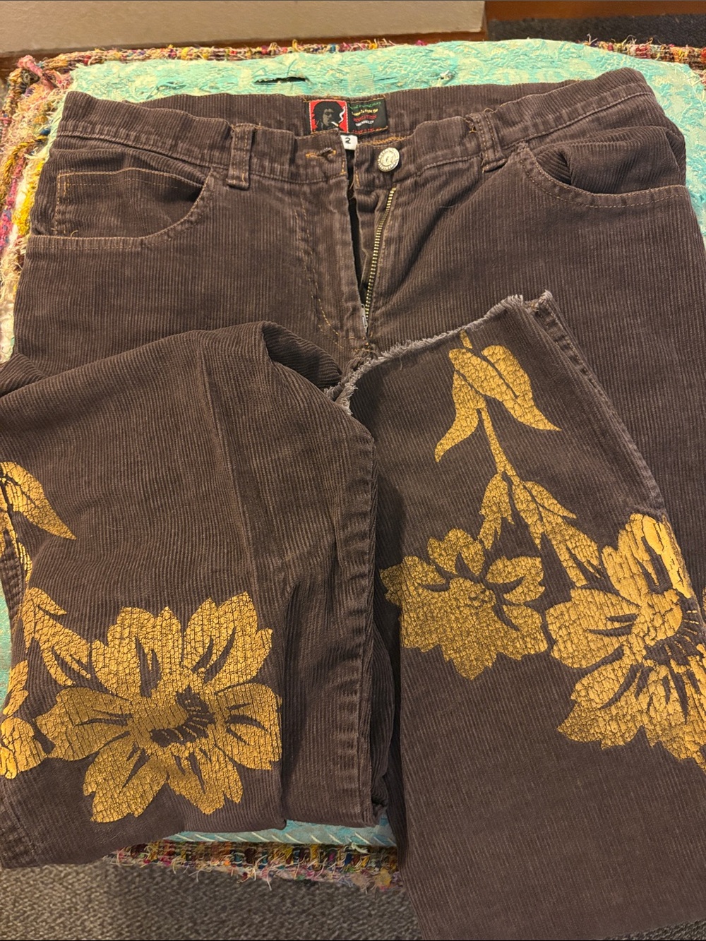 Vintage Catch A Fire Bob Marley Brown Corduroy Pants w/ Yellow Flower Print